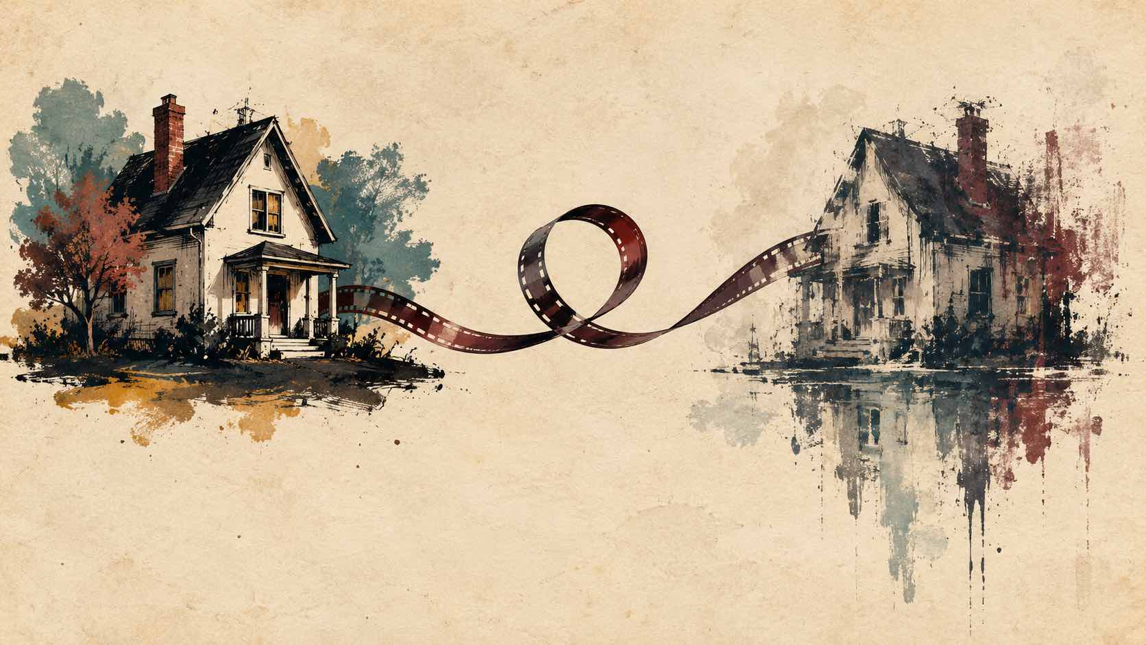 Two ink-drawn houses are connected by a curling strip of film on aged cream paper.