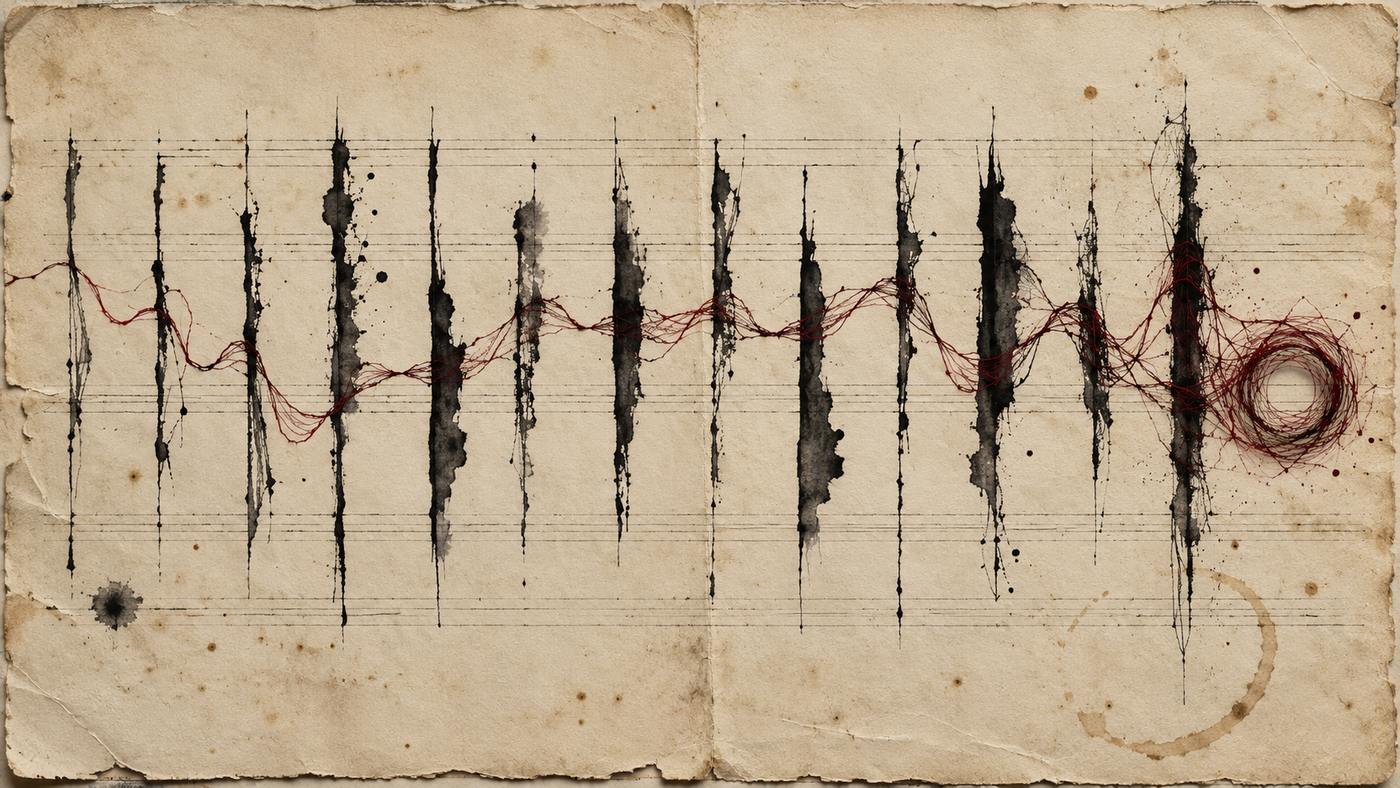 A burgundy thread crosses a sequence of vertical black ink forms and gathers into a circle on aged paper.