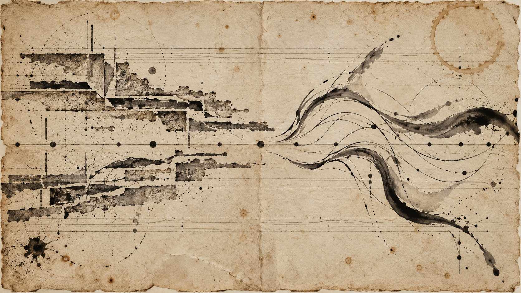 Fragmented ink strata meet fluid lines around one shared pulse on aged paper.