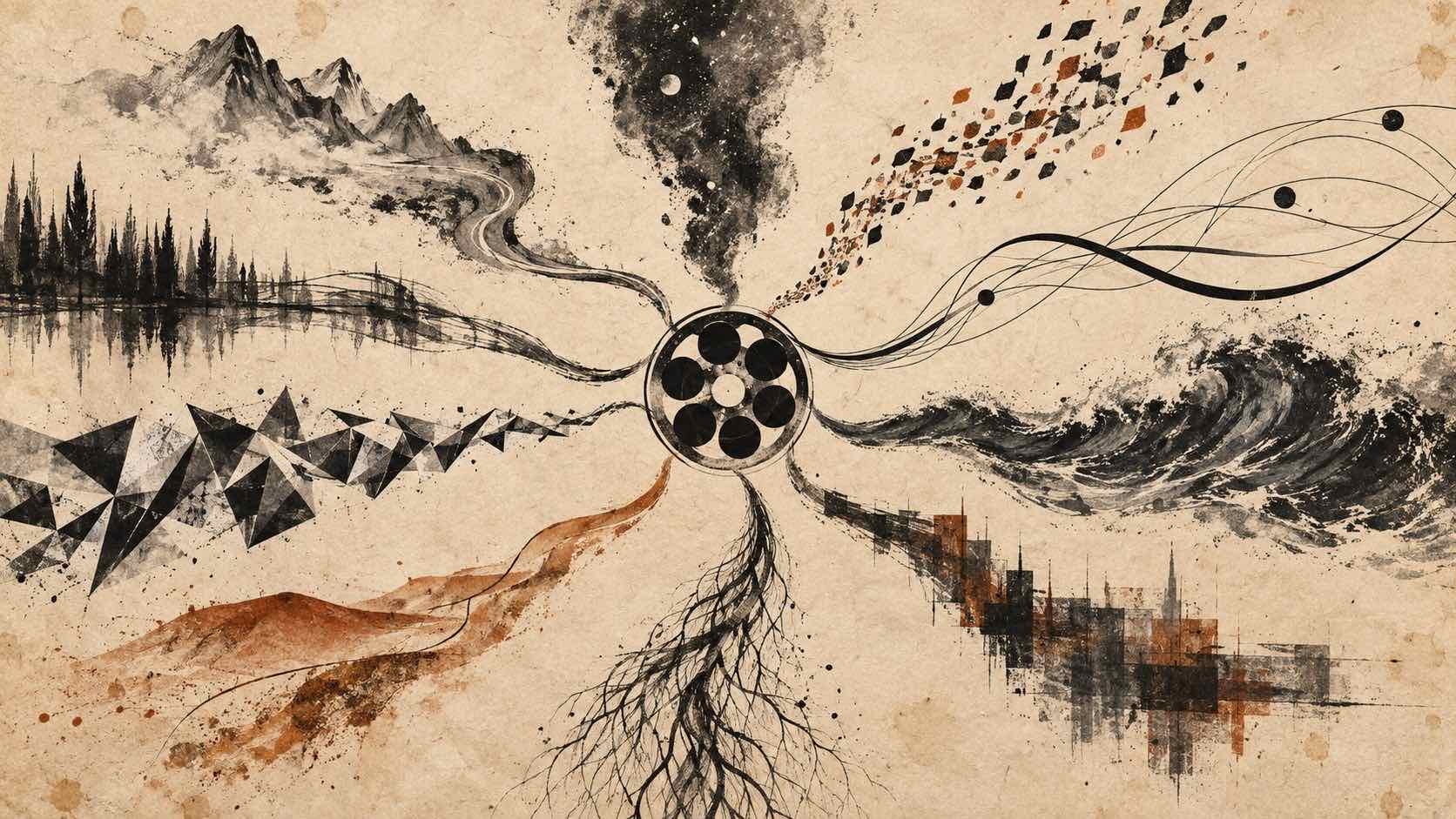 Nine distinct ink paths converge on an abstract reel-like form across aged cream paper.