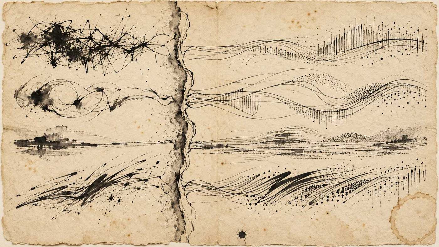 Expressive ink gestures cross a rough threshold and become a coherent flowing graphic score on aged paper.