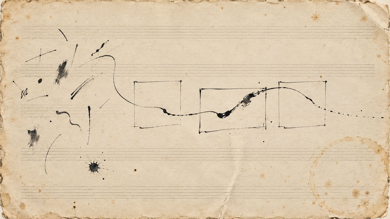 Des gestes d'encre fragmentés deviennent un tracé ouvert traversant des cadres irréguliers sur un papier crème aux portées discrètes.