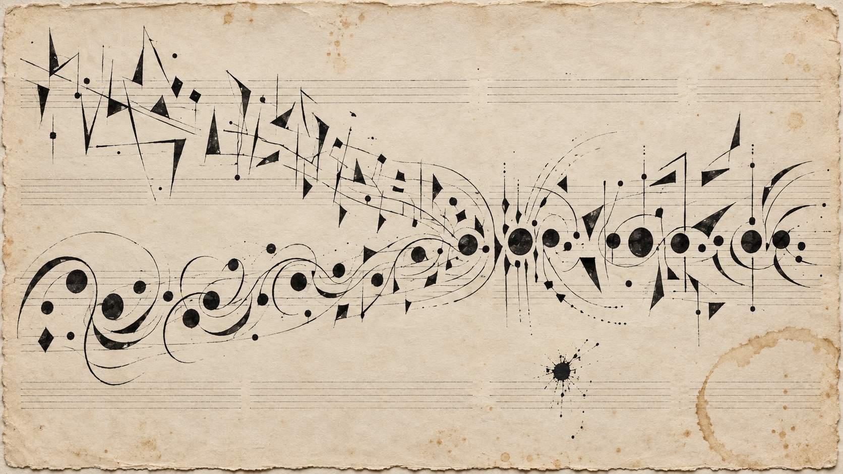 Angular and rounded ink systems exchange motifs around a shared central pulse on aged paper.