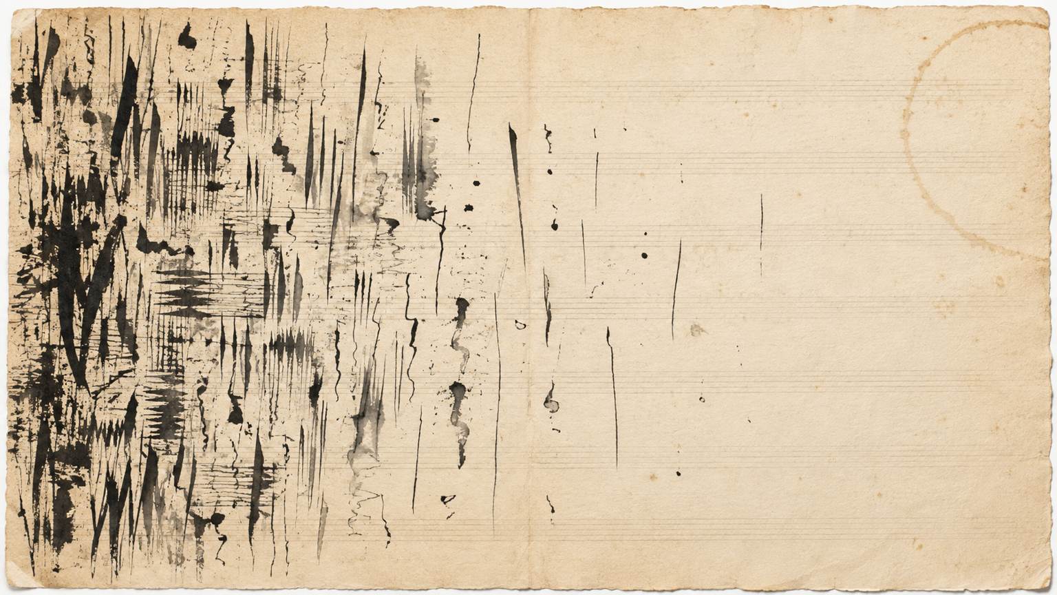 Sur un papier crème vieilli, des traits d'encre noire très denses à gauche se raréfient vers la droite, sur de fines portées presque effacées.