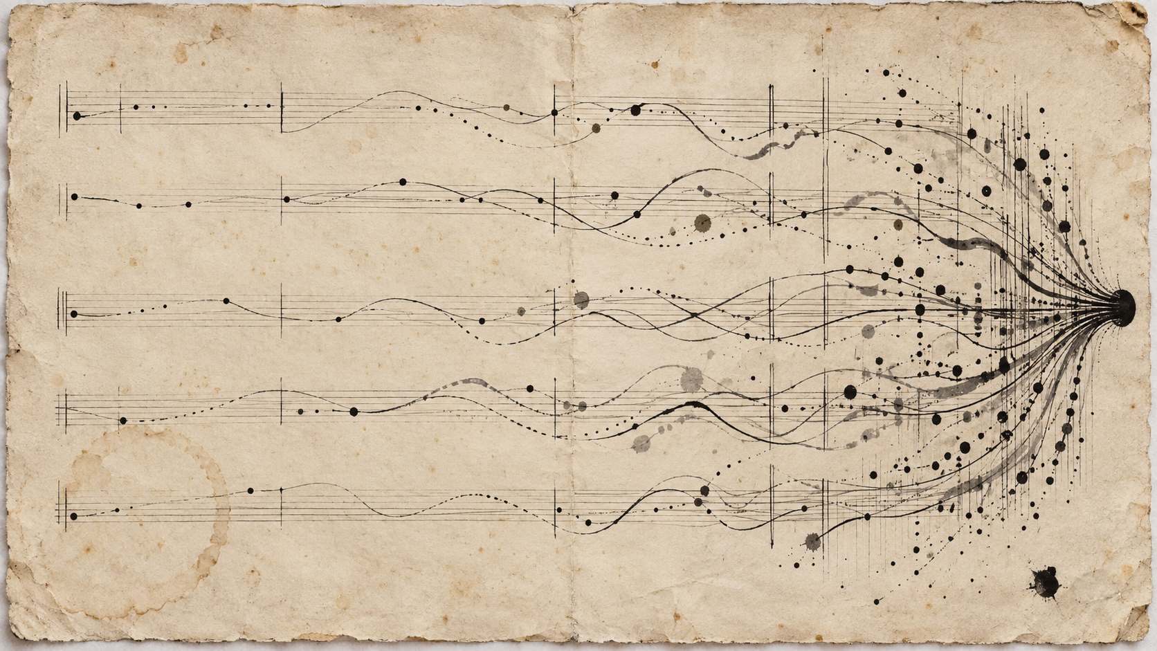 Plusieurs lignes d'encre abstraites convergent vers un même point sur une feuille de papier crème vieillie.