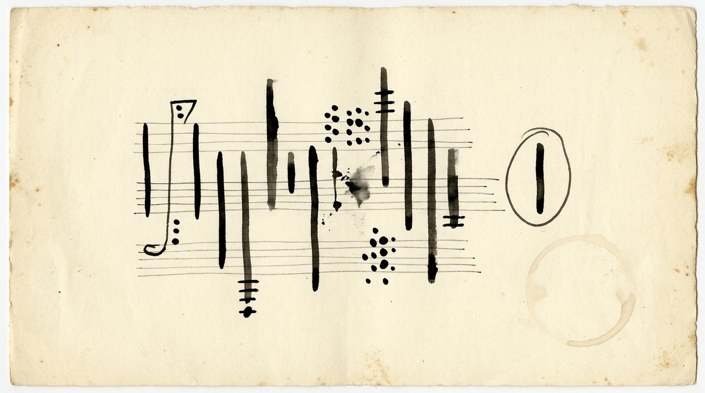 Graphic score in India ink on aged paper: a row of vertical strokes across faint staves, and one stroke held apart, circled by hand.