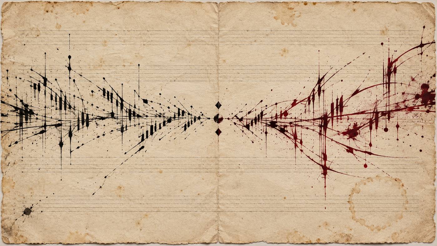 Deux réseaux de lignes noires et bordeaux convergent vers une même trajectoire brisée sur papier crème.
