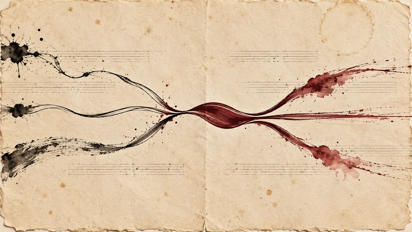 Trois lignes noires convergent vers un refrain bordeaux puis se séparent en plusieurs versions sur papier crème.