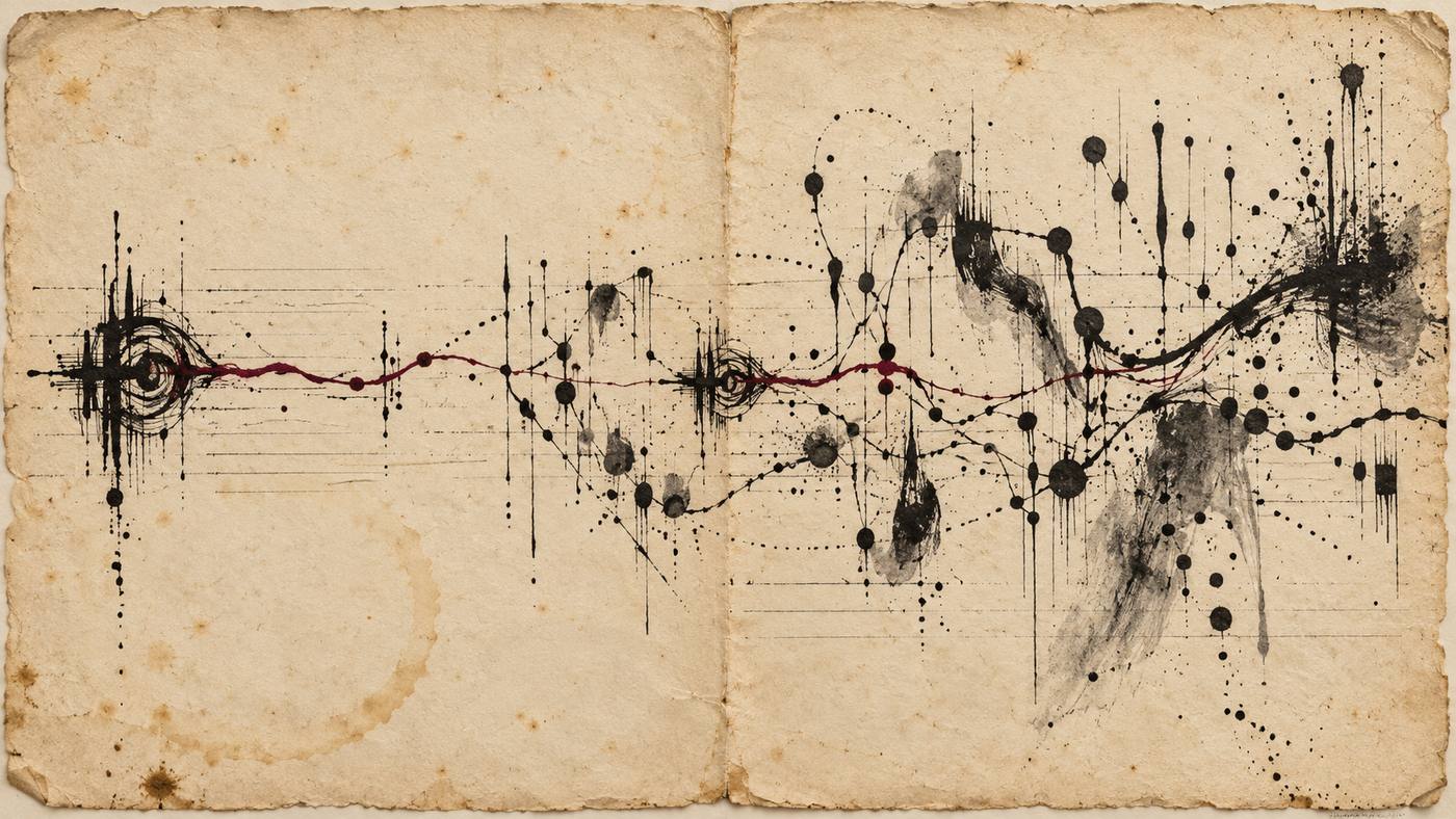 Un motif circulaire noir ancien transmet une ligne bordeaux à un réseau de signes d'encre plus ample sur papier vieilli.
