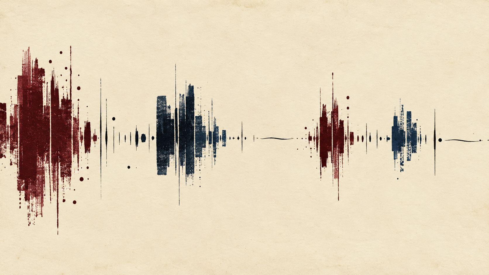 Dense burgundy and navy ink clusters alternate with wide silent spaces across an abstract cinematic timeline.