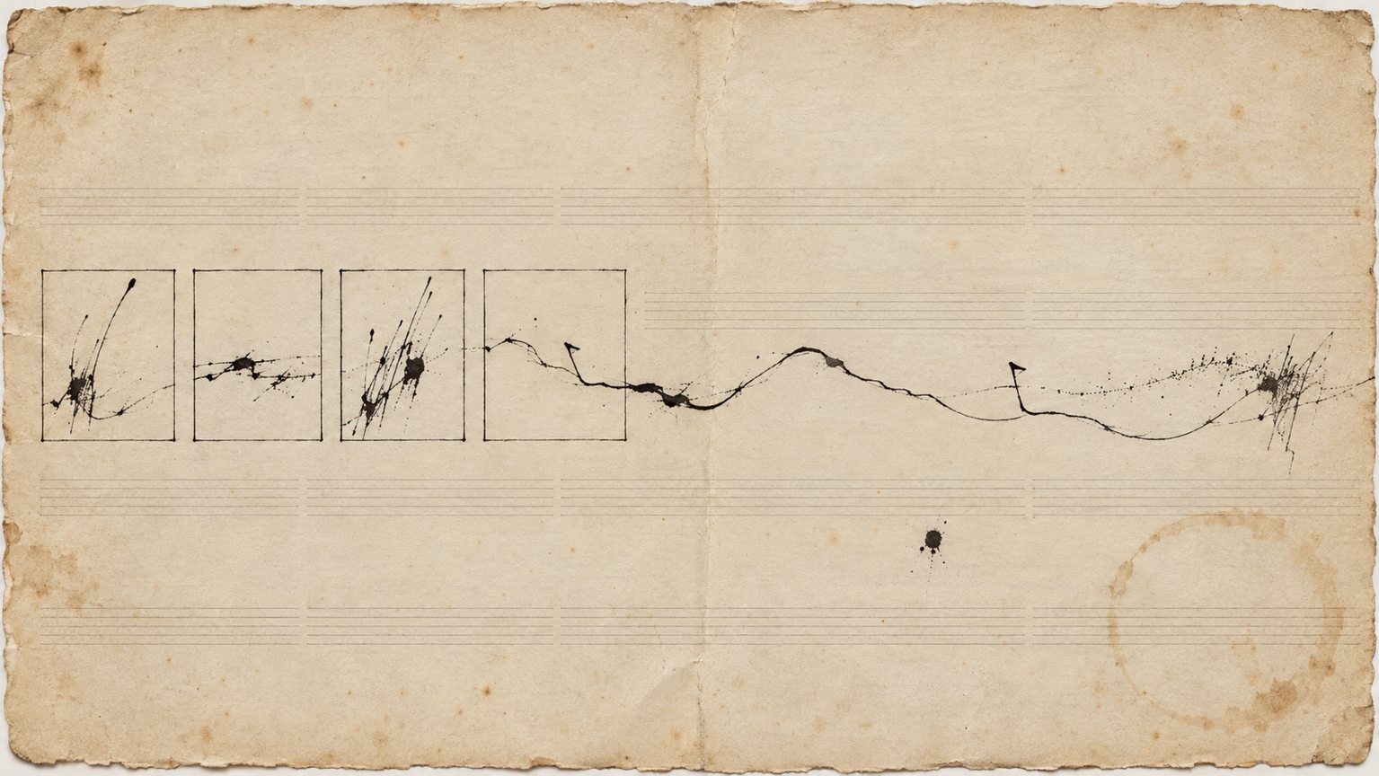 Des gestes d'encre occupent quatre cadres irréguliers puis se prolongent en une ligne ondulante sur du papier crème vieilli aux portées discrètes.