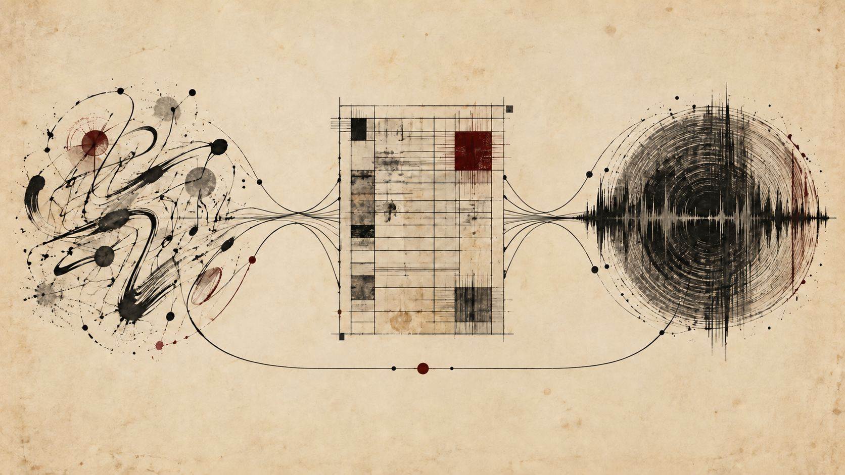 Trois structures d'encre reliées figurent une œuvre, un cadre contractuel et un enregistrement sur papier crème vieilli.
