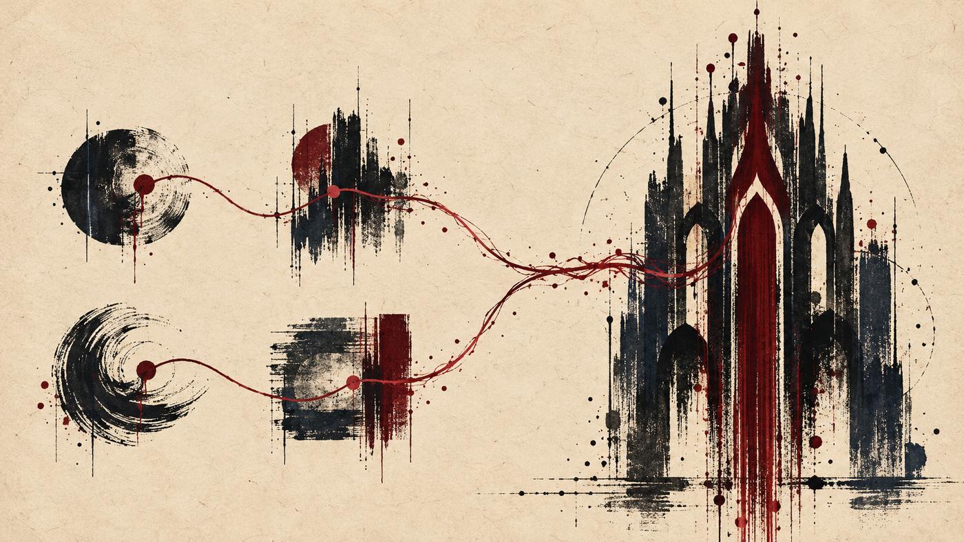 Quatre formes d'encre noire et bordeaux convergent vers une grande structure verticale traversée par une ligne rouge continue.
