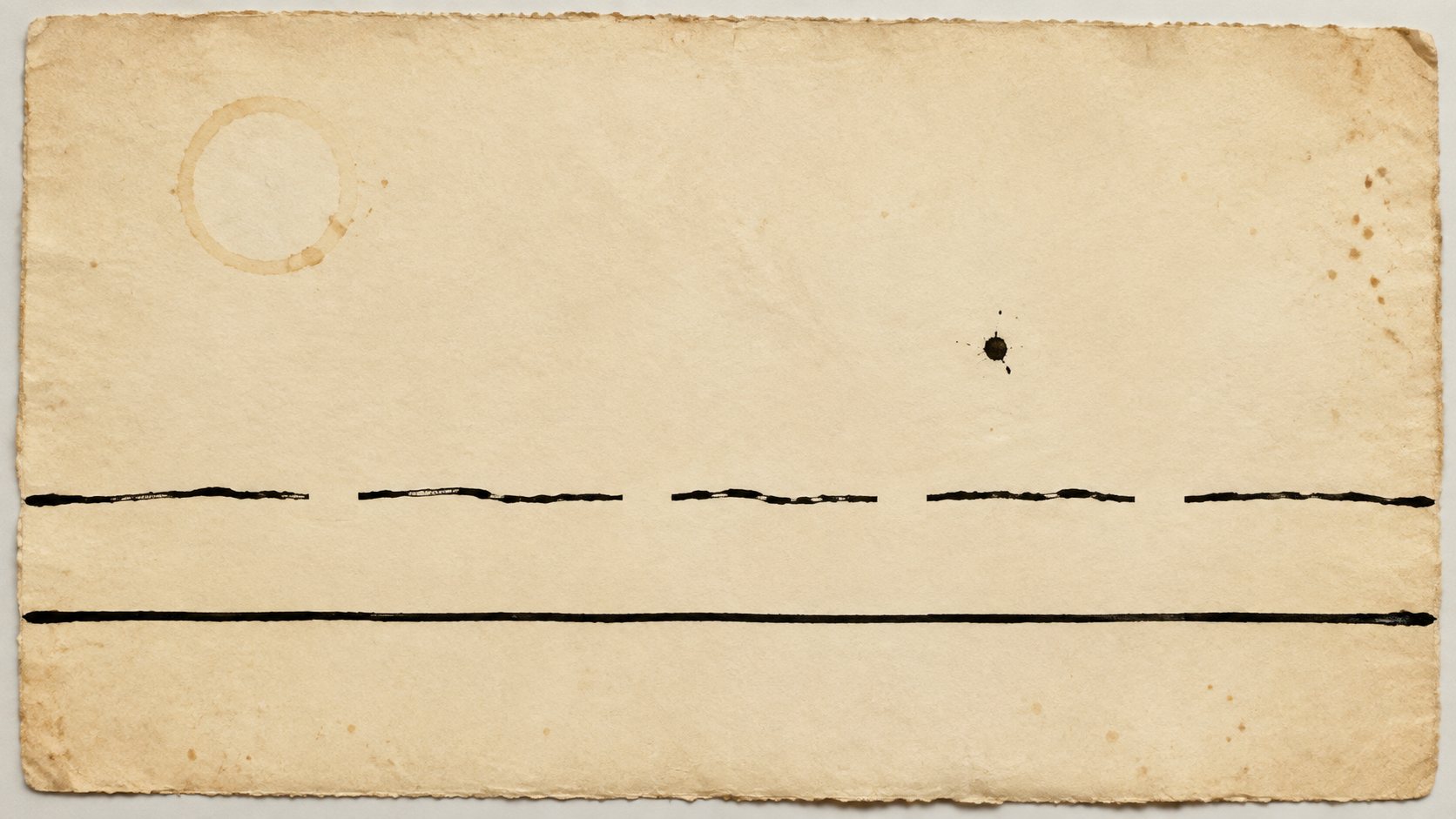 Partition graphique à l'encre : une ligne horizontale continue traverse la page, tandis qu'au-dessus une seconde ligne s'interrompt à chaque fois qu'elle s'en approche, laissant des blancs.