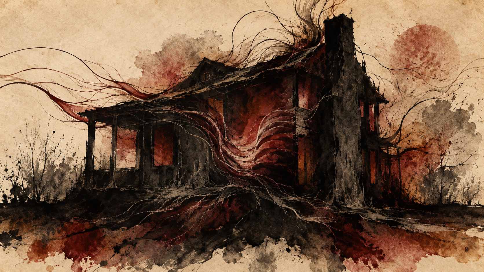A dark house-like ink mass appears to breathe through red and black layers on aged cream paper.