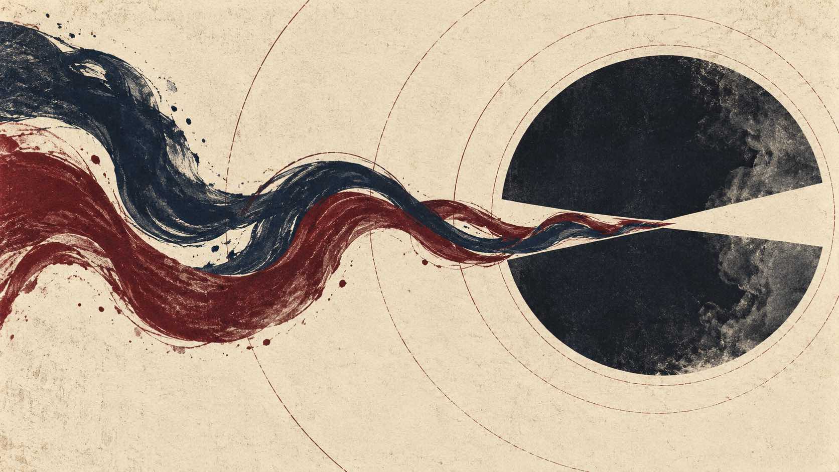 Deux courants d'encre bleu nuit et bordeaux entrent dans une forme circulaire sombre entourée d'ondes concentriques.