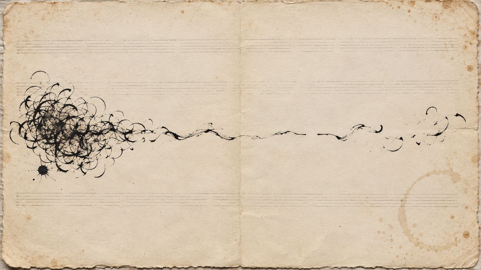 Un groupe dense de boucles à l'encre noire se défait en une ligne fine, puis en fragments espacés sur du papier crème aux portées presque effacées.