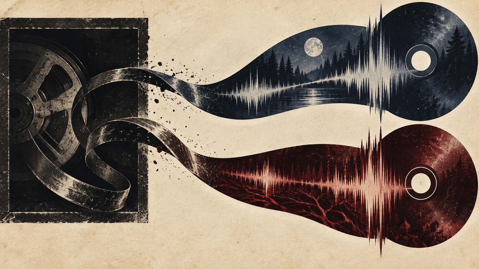 A dark archival ribbon separates into two nocturnal sound paths in navy and burgundy.