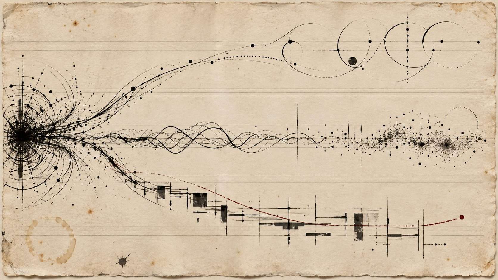 Une constellation dense d'encre se sépare en trois systèmes graphiques sur un papier crème vieilli.