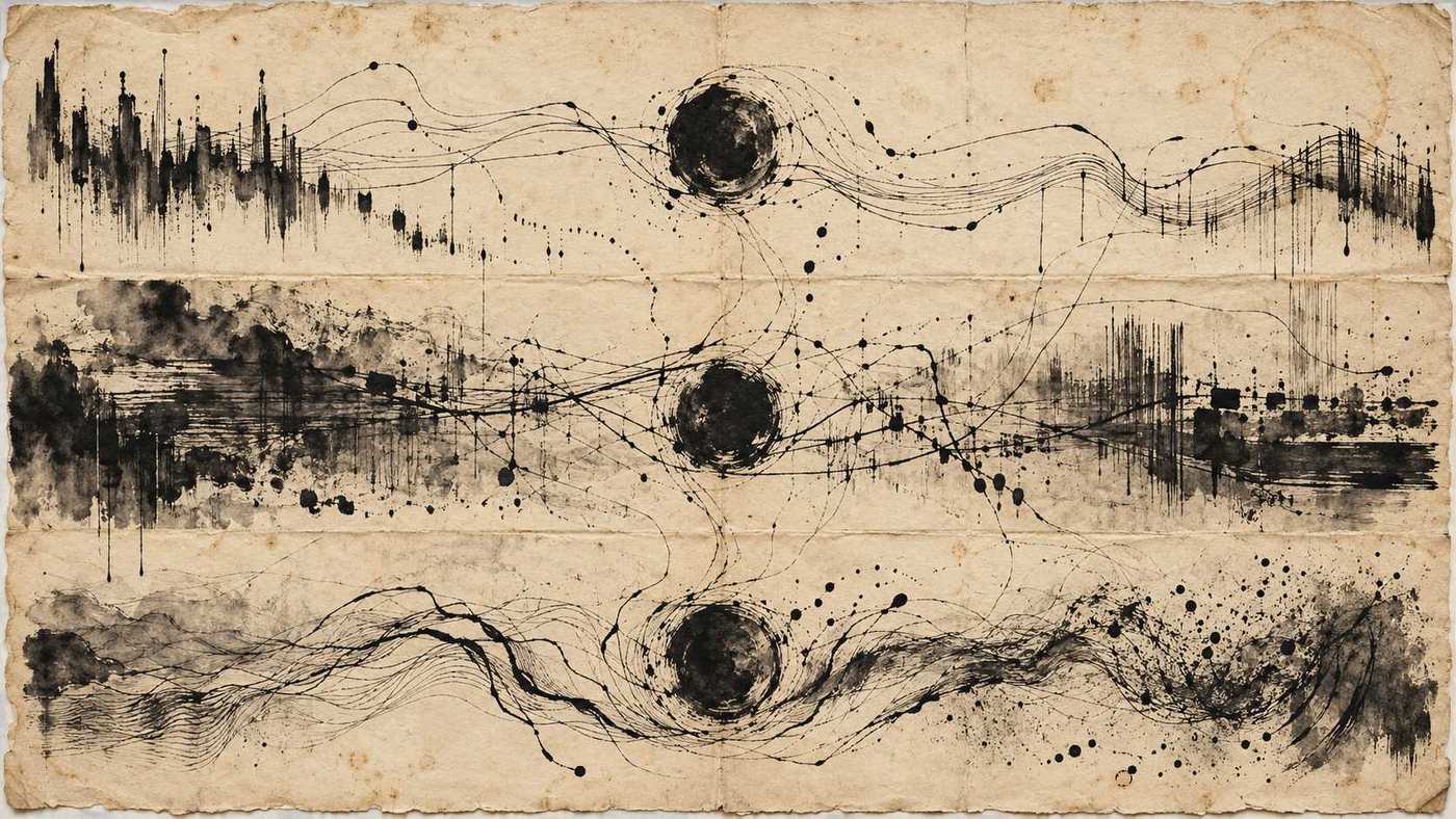 Three layers of abstract graphic score are linked by black spheres and flowing ink lines across aged paper.