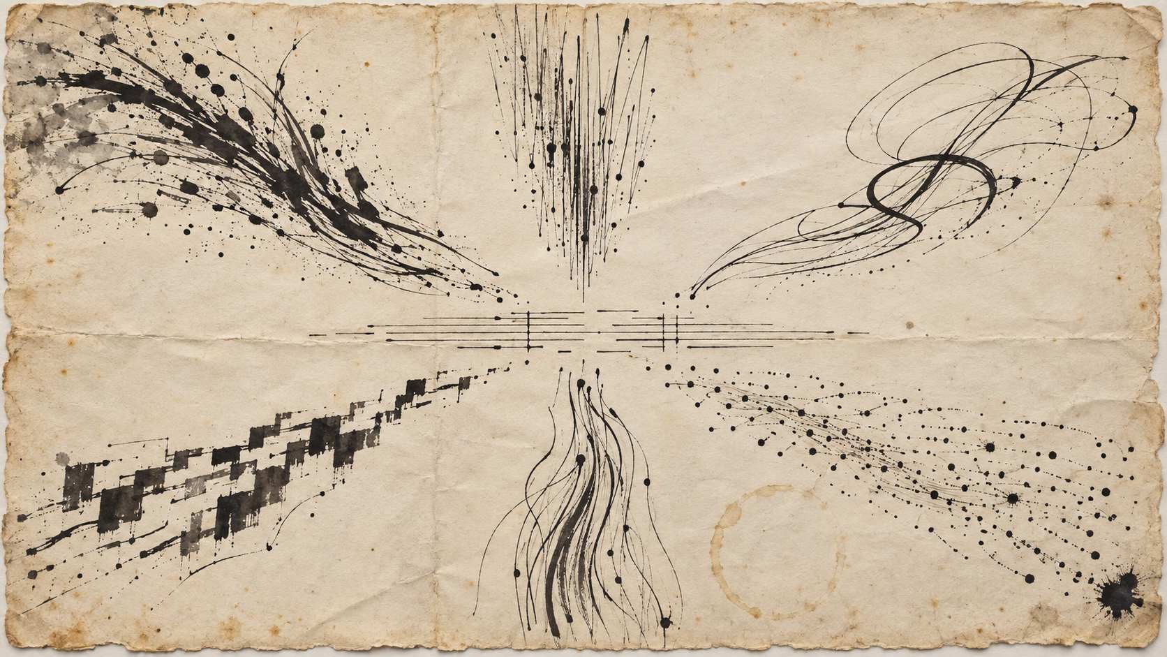 Six éclats d'encre noire partent de directions différentes et convergent vers une portée fragmentée sur papier vieilli.