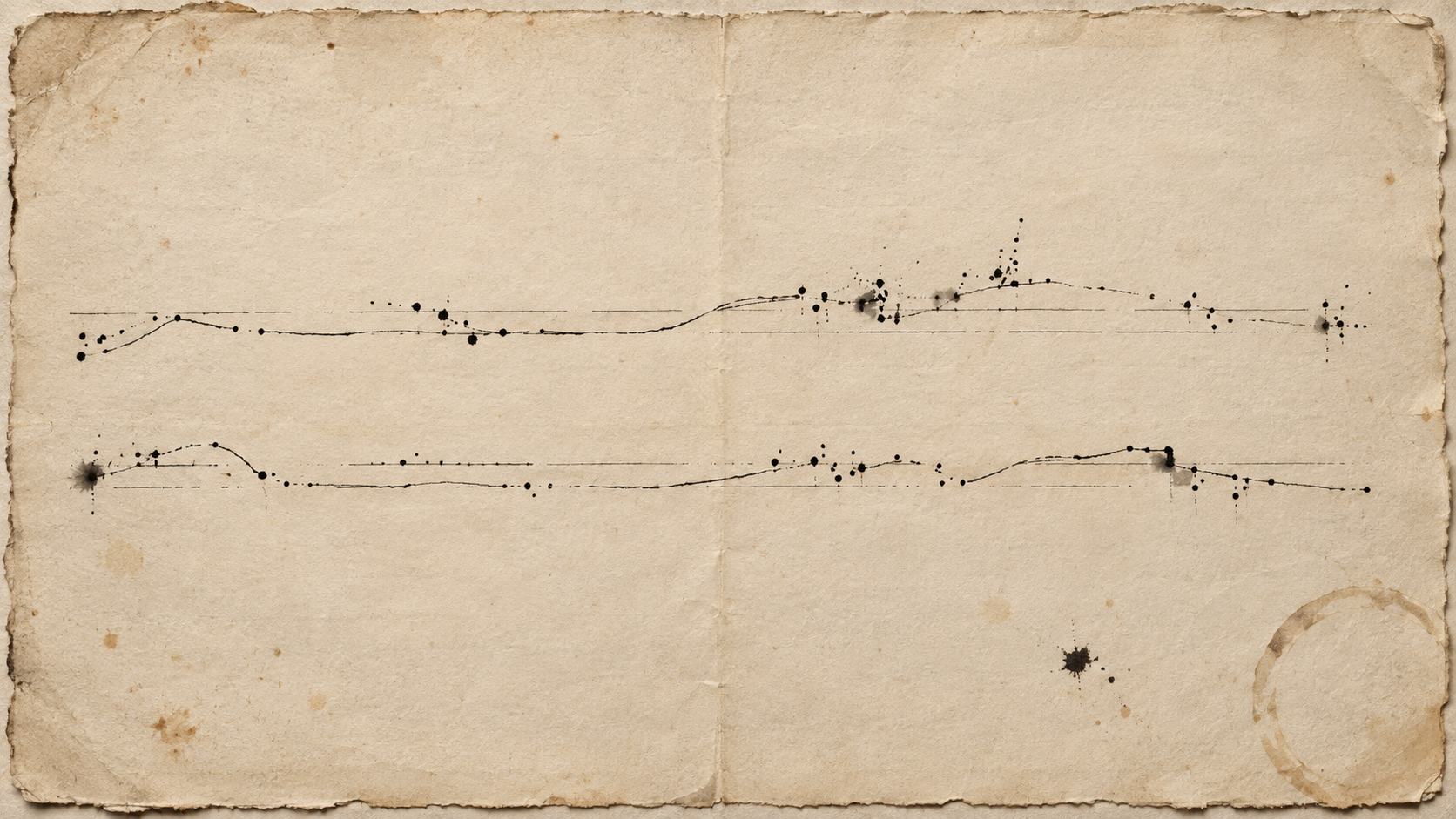 Deux lignes d'encre fines et parallèles traversent de grands espaces vides sur un papier crème vieilli.