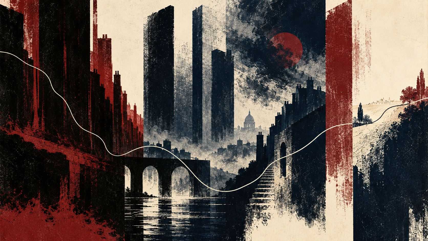 A pale line crosses monumental black, navy and burgundy city forms on an abstract journey from pressure toward light.