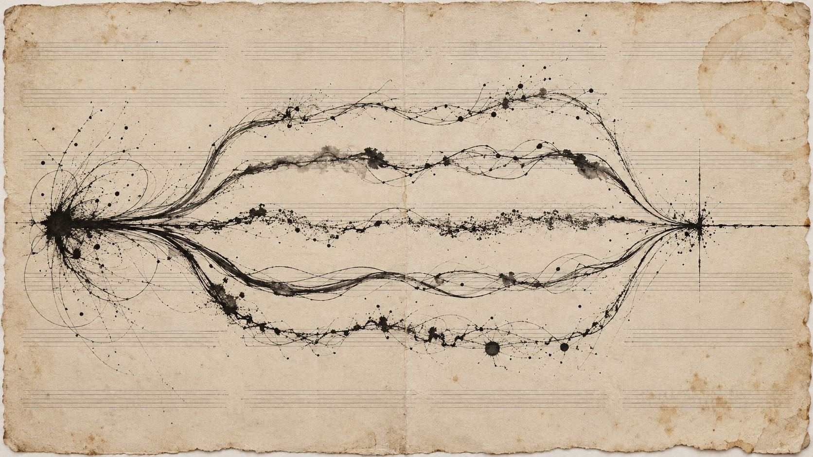 Un geste d'encre dense se divise en plusieurs lignes abstraites puis converge sur un papier crème vieilli.