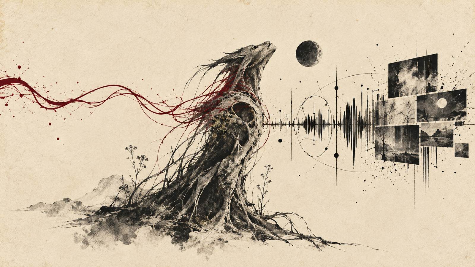 A burgundy vocal line crosses an abstract figure and becomes a black network of music and broadcast waves on cream paper.