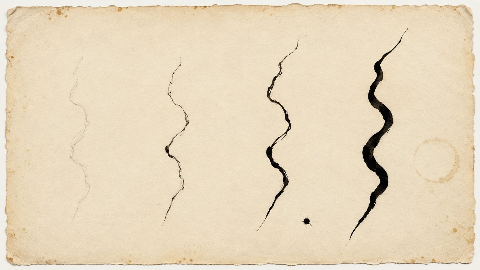 Partition graphique à l'encre sur papier vieilli : un motif d'abord tracé au crayon pâle et hésitant, repris à l'encre de plus en plus assurée de gauche à droite, jusqu'à un dernier tracé net et appuyé.