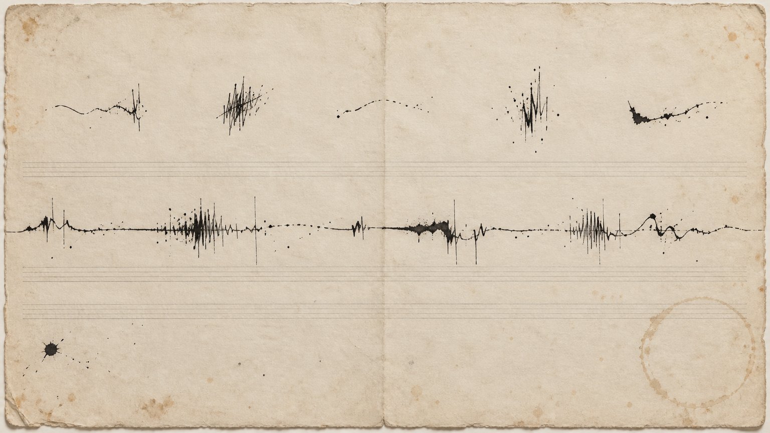 Cinq fragments d'encre noire sont disposés au-dessus d'un long tracé interrompu, sur du papier crème vieilli marqué de portées pâles.