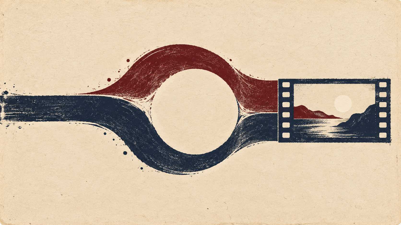 Deep blue and burgundy ink currents move around an empty circle before joining a film frame.