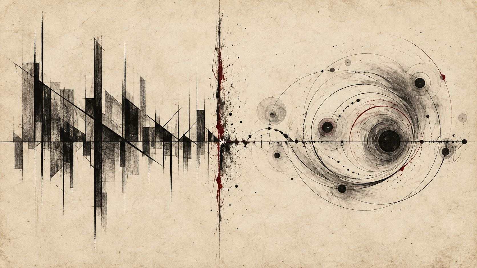 Une structure d'encre angulaire franchit une ligne rouge et devient un ensemble de cercles noirs reliés sur papier vieilli.