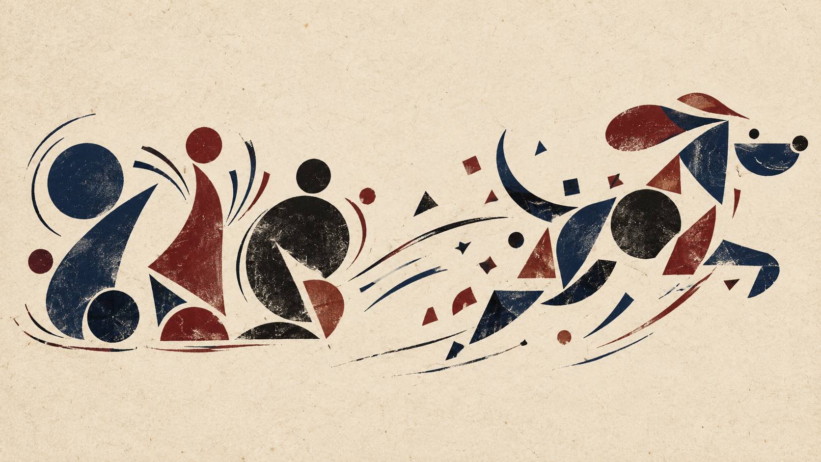 Three rhythmic abstract forms transform into a playful canine silhouette moving as one.
