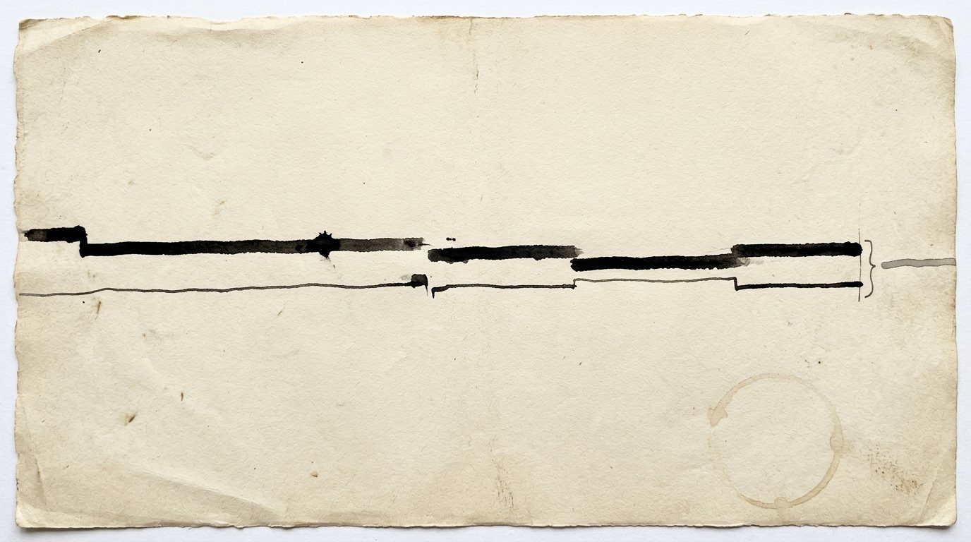 Partition graphique à l'encre : deux lignes, une épaisse et une fine, se passent le relais sur toute la largeur de la page ; à droite, un crochet et une troisième ligne plus pâle qui commence.