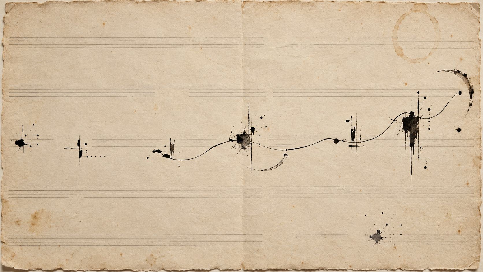Isolated ink fragments gradually connect through one flexible line across aged cream paper.