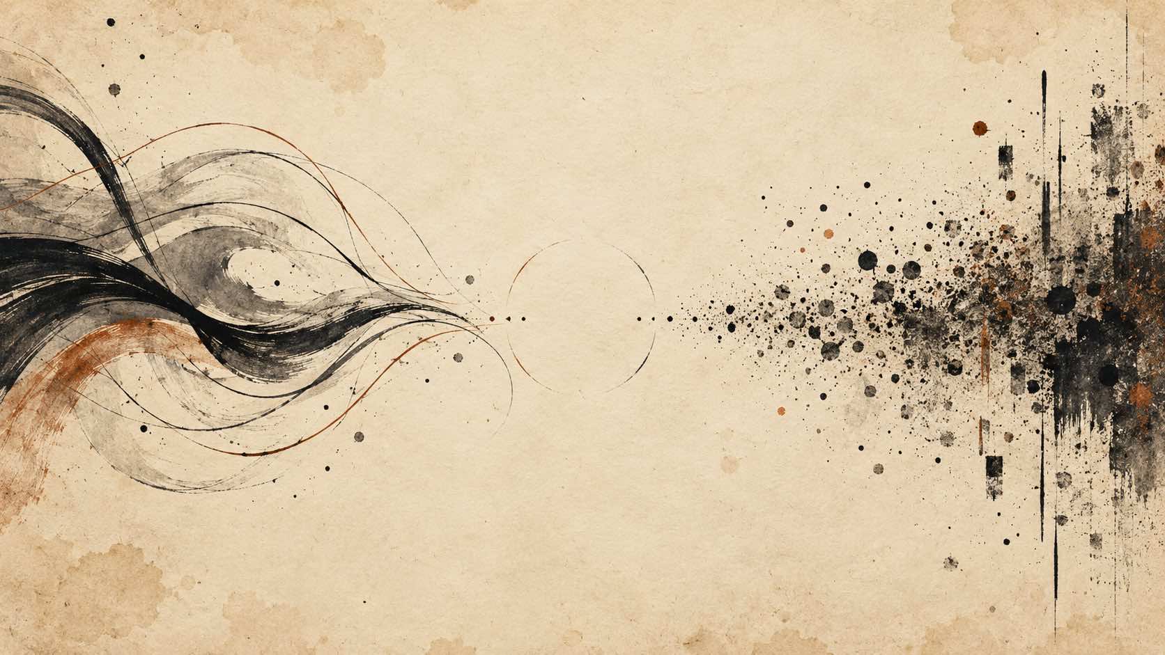 Fluid and granular ink networks share a quiet central space across aged cream paper.
