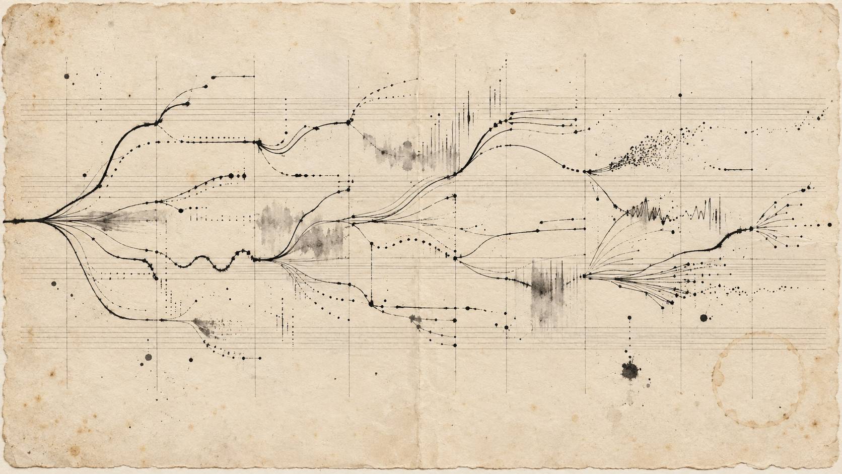 Des lignes d'encre se ramifient, changent de longueur et se rejoignent sur un papier crème quadrillé de portées pâles.