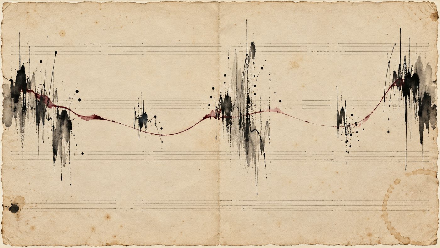 Des masses d'encre noire séparées par de grands espaces sont reliées par une ligne bordeaux sur un papier crème vieilli.