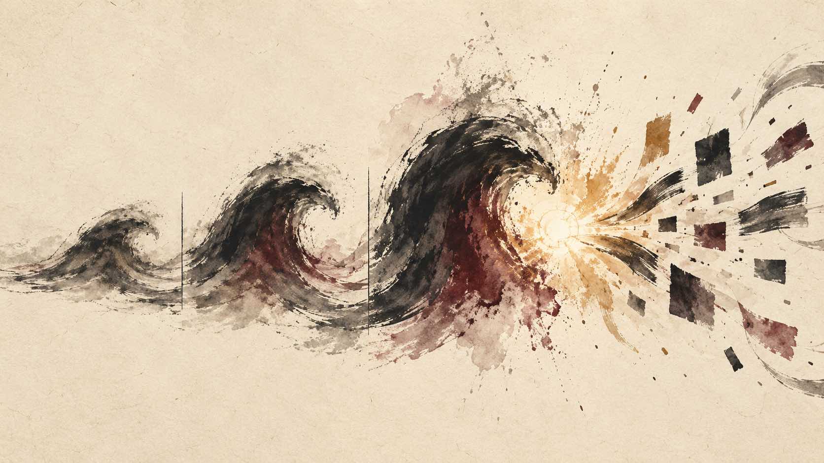 Three rising ink waves reach a bright impact before splitting into editable fragments on aged cream paper.