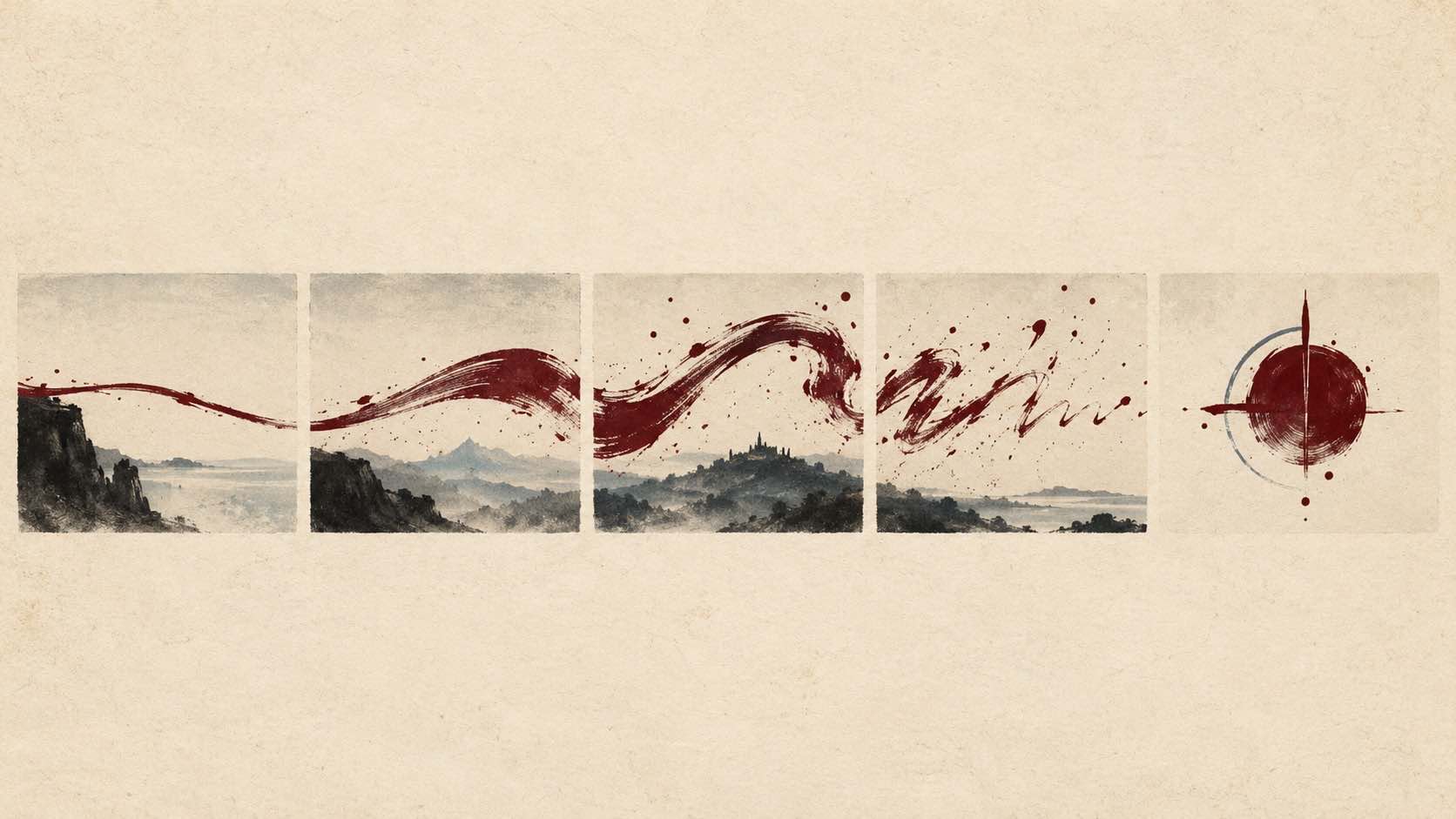 A burgundy ink gesture passes through a sequence of cream frames and resolves into an abstract emblem.