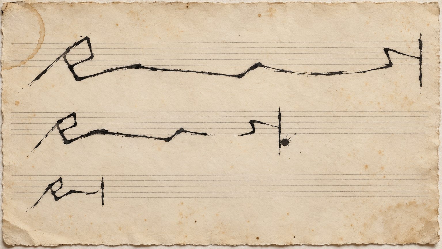 Three angular black ink paths repeat the same hook over decreasing lengths on cream paper with faint musical staves.