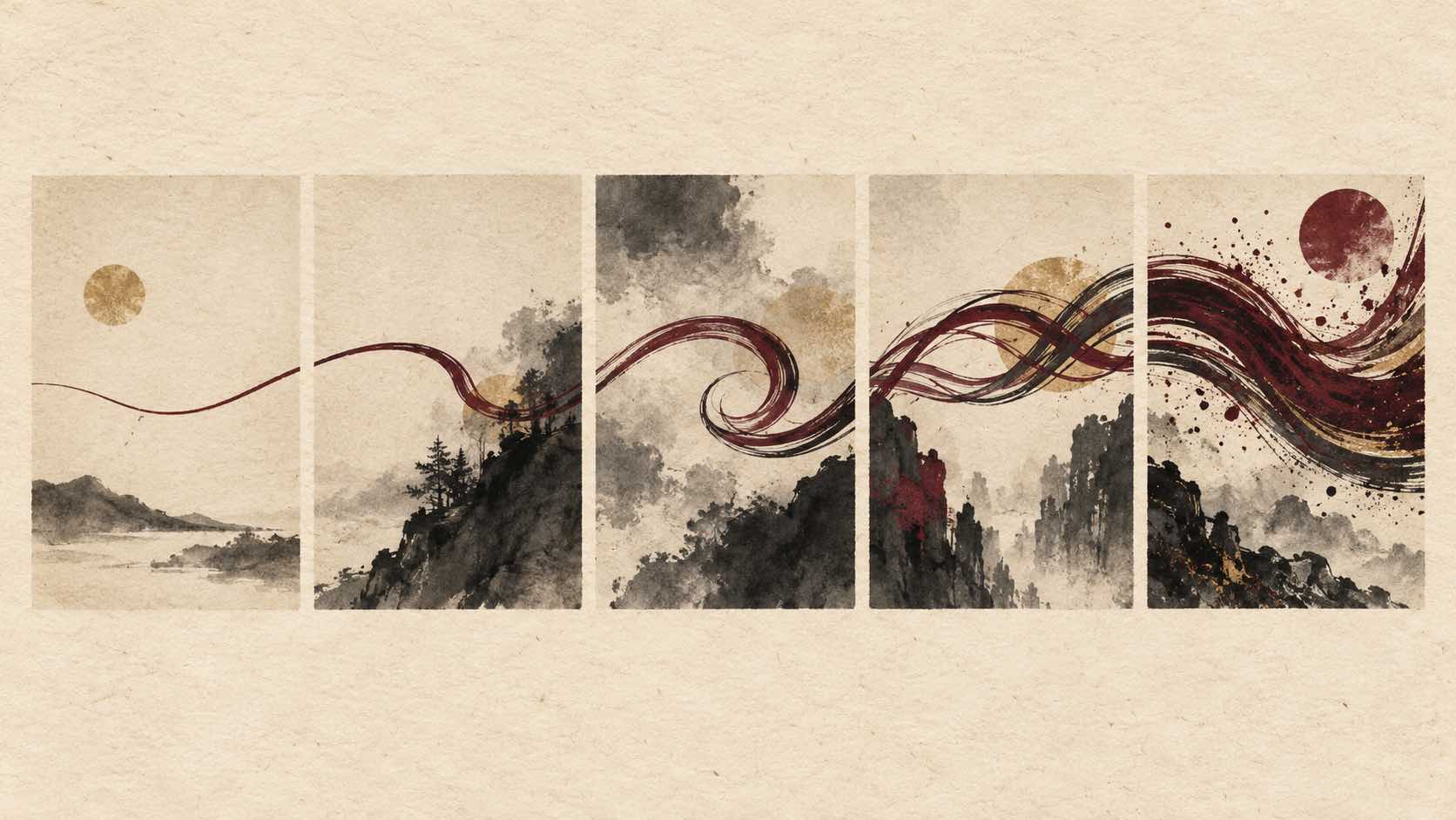 Cinq panneaux d'encre reliés par un motif bordeaux qui évolue d'un épisode à l'autre sur papier crème.
