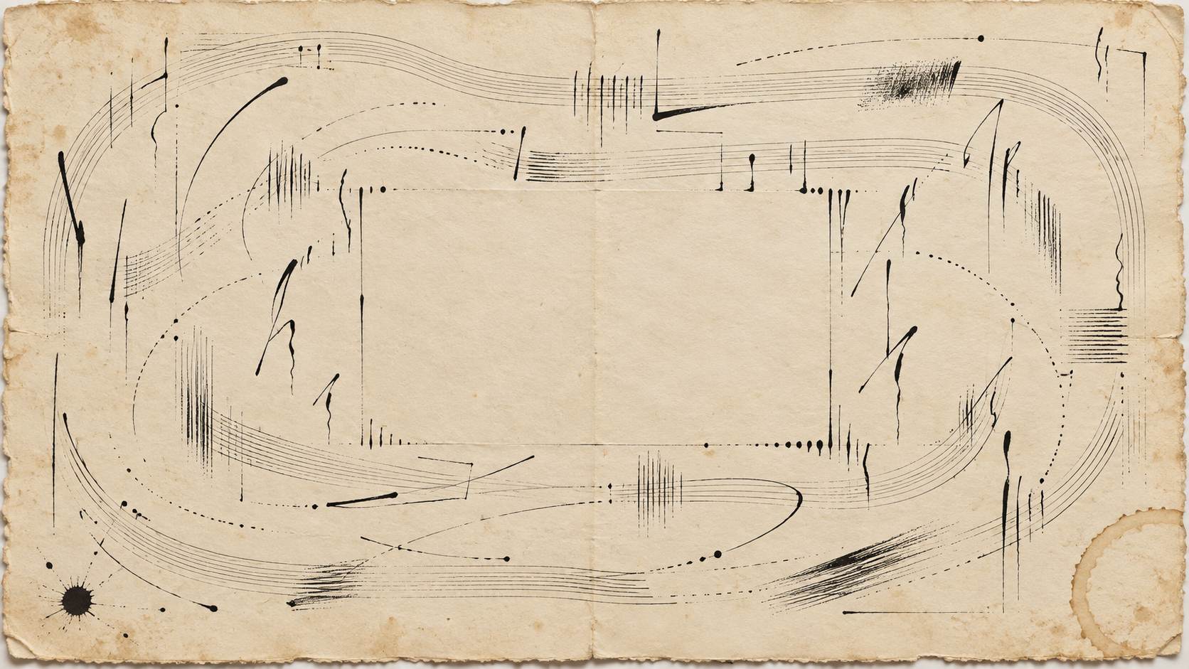 On aged cream paper, black ink lines bend around a large empty centre like a stage, with faint staves and abstract rehearsal-like gestures.