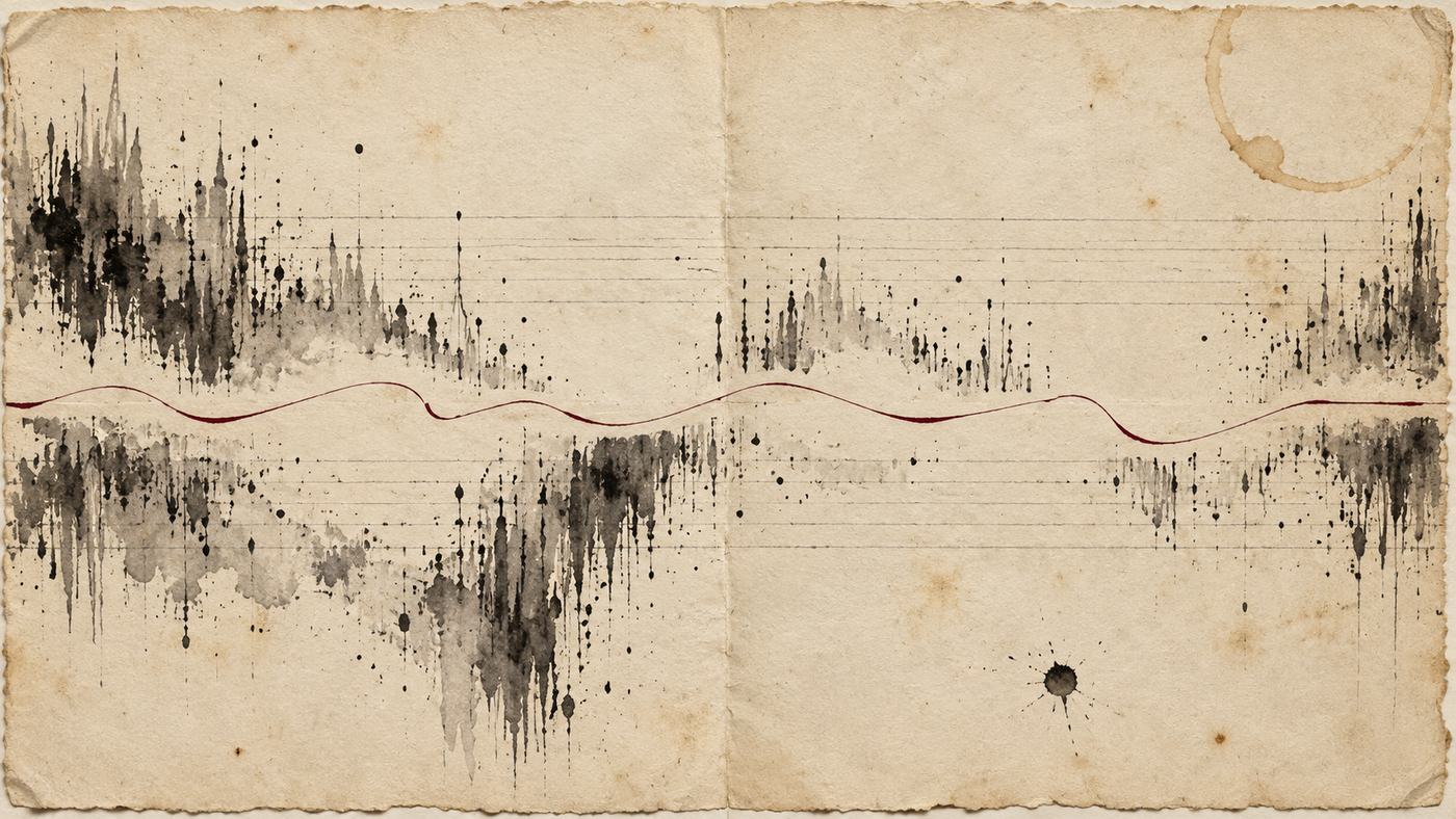 Une ligne bordeaux traverse des masses d'encre noire qui s'écartent autour d'elle sur un papier crème vieilli.