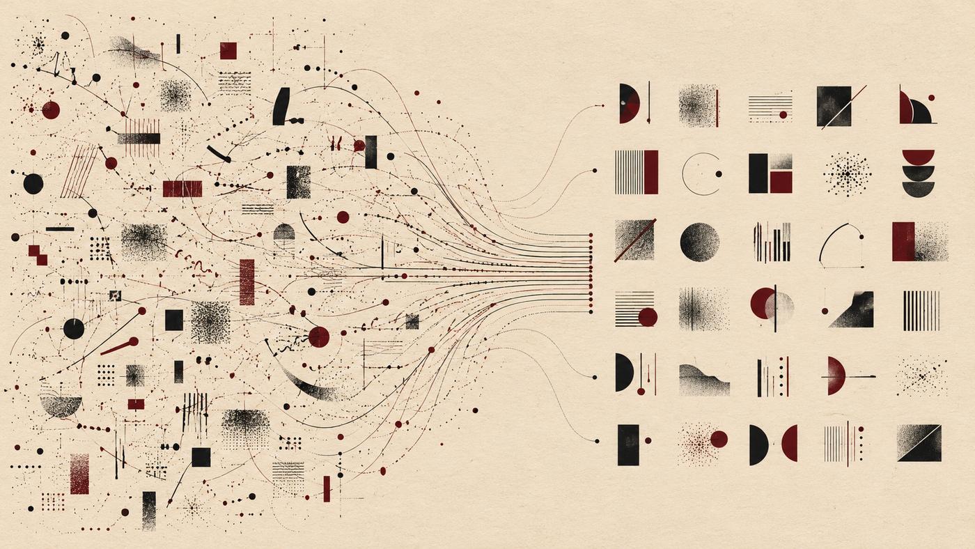 A cloud of black and burgundy marks narrows into ordered lines and a grid of distinct graphic modules on cream paper.