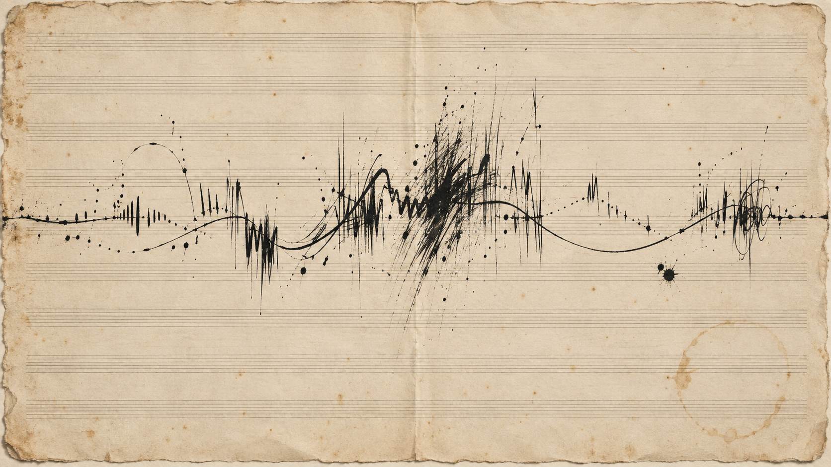 A black ink line runs across an abstract graphic score on aged cream paper, breaking into dense scratches and sparse pauses.