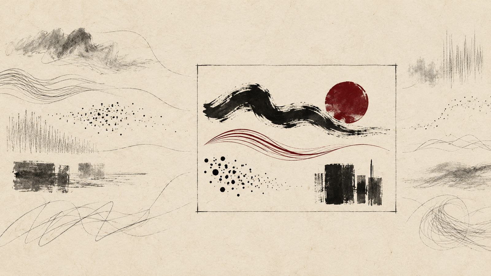 Des signes d'encre noire et bordeaux sont triés dans un cadre de papier crème, entre esquisses légères et formes affirmées.