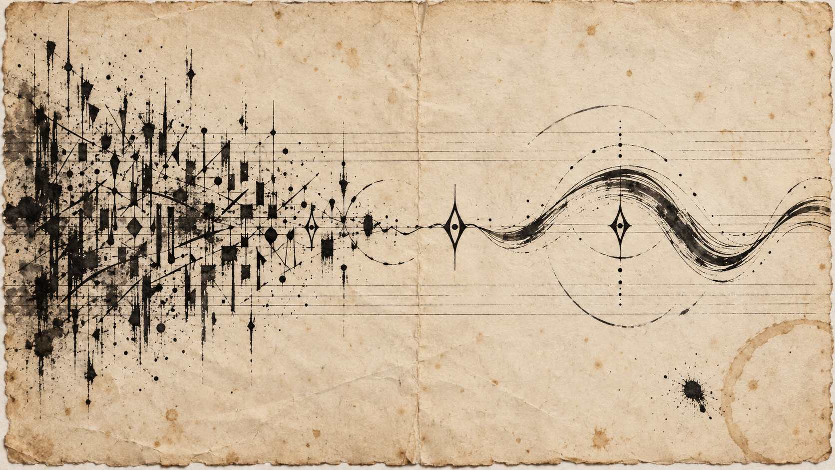 A dense abstract graphic score opens into one broad continuous ink gesture across aged cream paper.