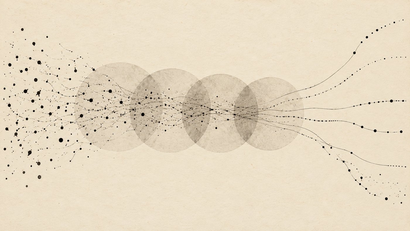 Many black ink paths pass through four translucent fields before separating into distinct trajectories on cream paper.
